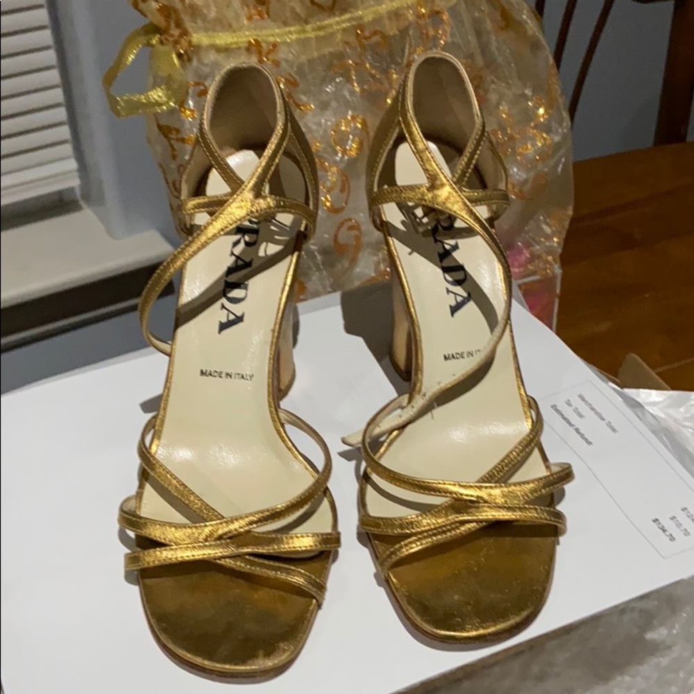 PRADA GOLD HEELED STRAPPY SANDALS